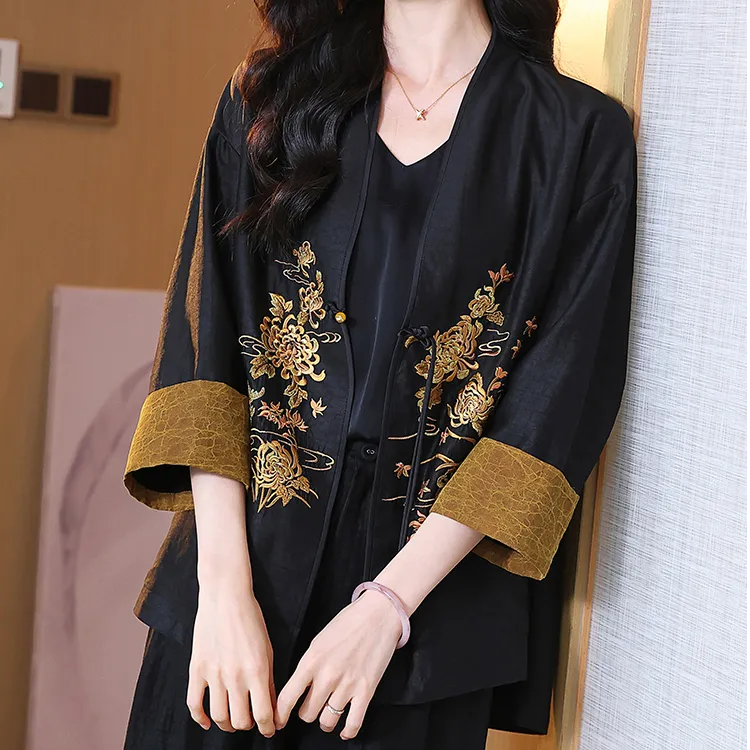 香云纱外套女新中式国风100%桑蚕丝纯真丝茶服2025新款民族风开衫