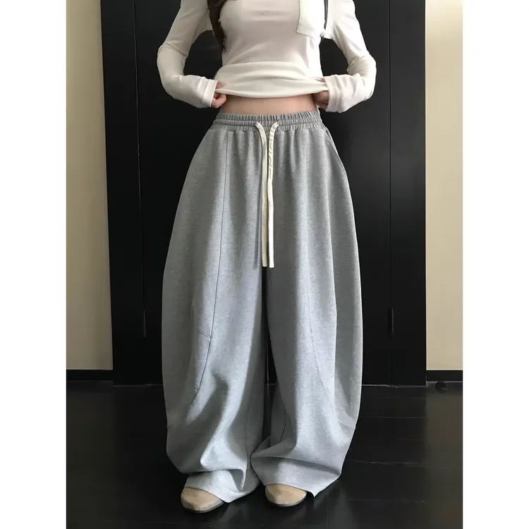 “韩女糯糯裤”软垂巨显瘦抽绳弯刀卫裤松紧腰宽松休闲长裤新款