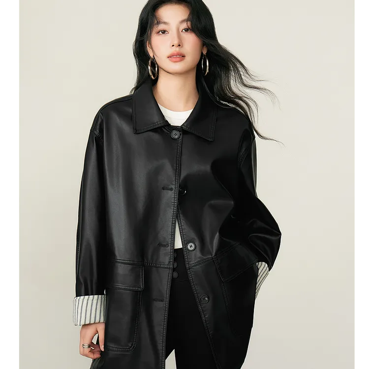 Basic House/百家好秋季老钱风松弛感贵气PU洋气外套-B06245I0132