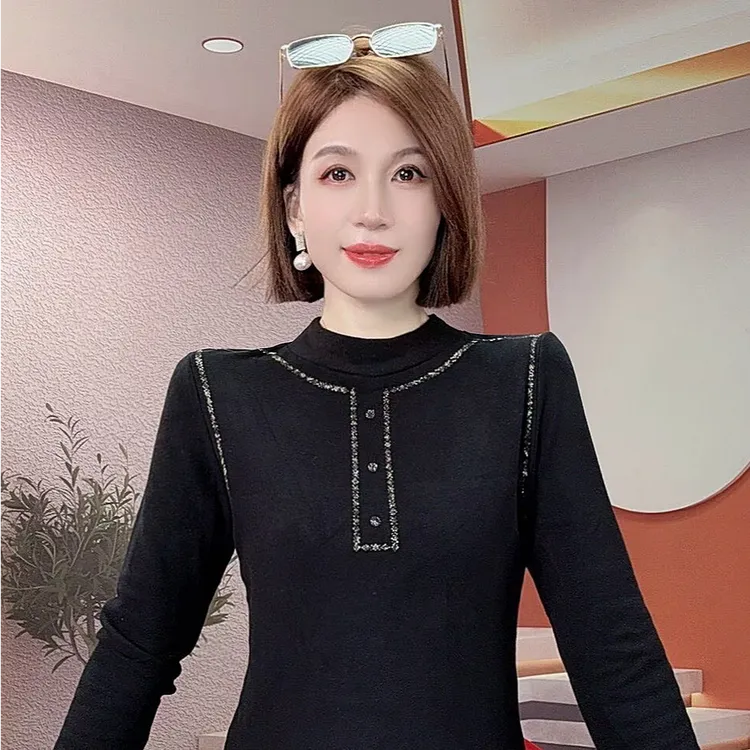 秋冬季烫钻黑色半高领长袖T恤女重磅气质百搭内搭打底衫加厚上衣