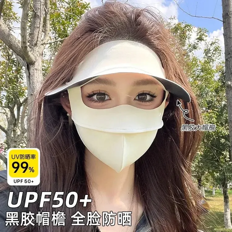防晒面罩女夏季骑行防紫外线口罩冰丝透气黑胶帽子全脸面罩商品图