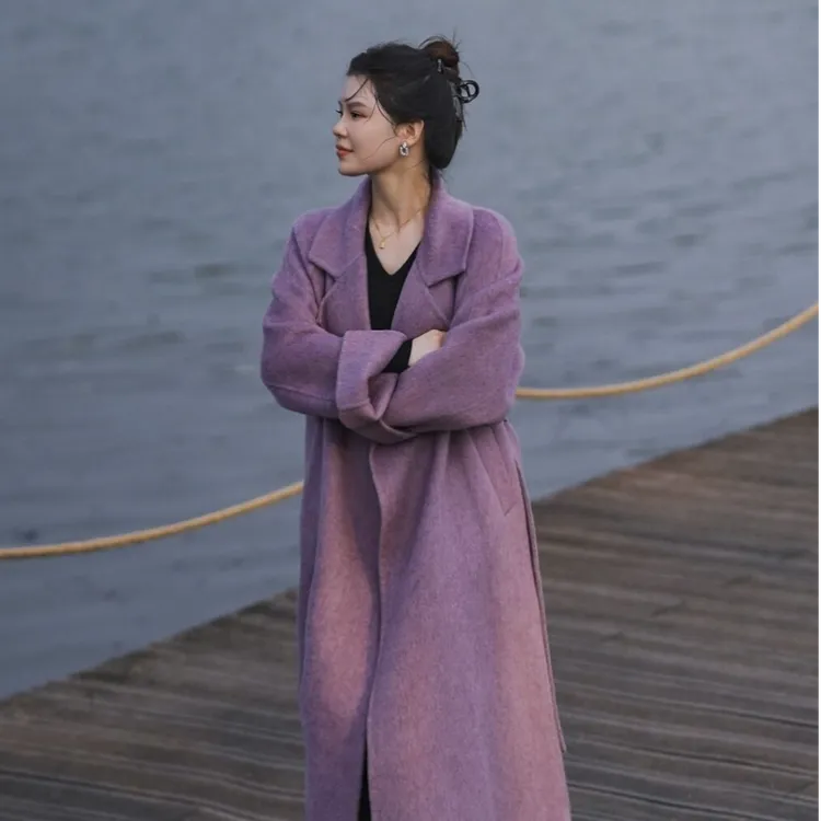 双面羊毛外套女秋冬宽松插肩袖韩版加厚紫色双面羊绒大衣拉绒大衣