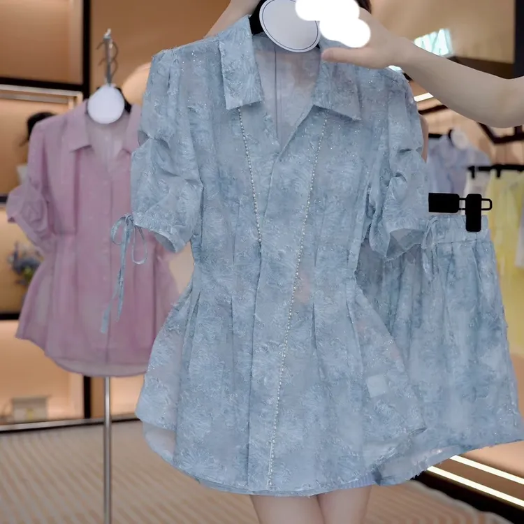 夏季新款提花束腰韩版翻领短袖衬衫+短裤套装