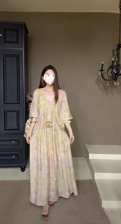 油画公主 高级感休闲复古宽松长款V领蝙蝠袖法式中袖连衣裙 8057#