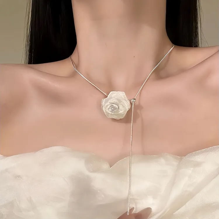 铜合金项链 超仙网纱玫瑰花朵长项链可抽拉choker锁骨链配饰秋冬