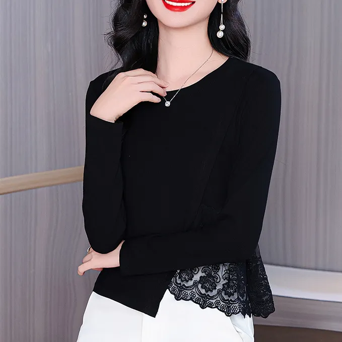 黑色圆领长袖T恤女秋季2025新款洋气拼接蕾丝小衫不规则收腰上衣