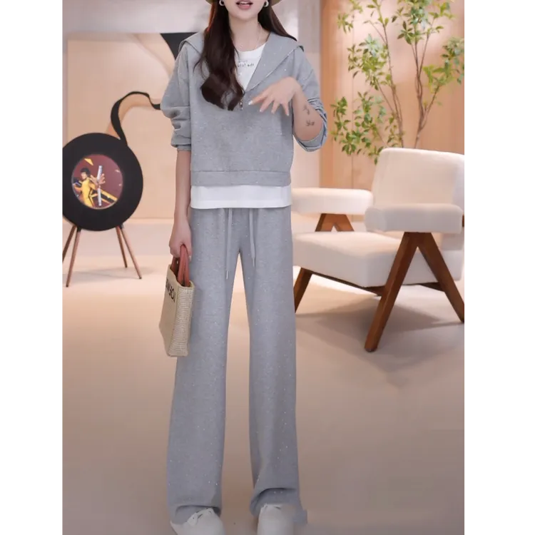 气质高级感时尚套装女2025新款烫钻假两件上衣搭休闲裤两件套7206
