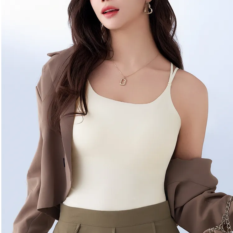 纯色冰丝无痕螺纹内衣背心吊带双肩带美背透气内搭打底带胸垫上衣