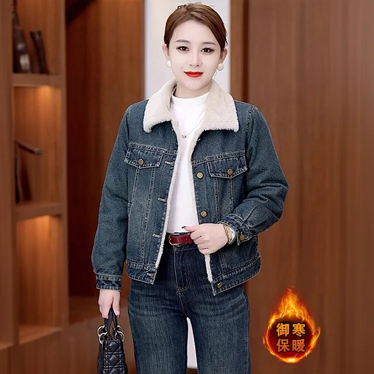 拉夏贝尔加绒加厚牛仔短款外套2025冬季新款复古刺绣显瘦保暖