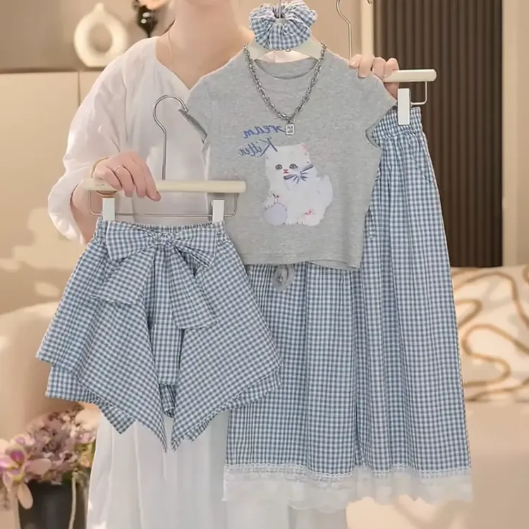 女童夏季设计感时尚百搭新款印花短袖格子阔腿裤两件套装