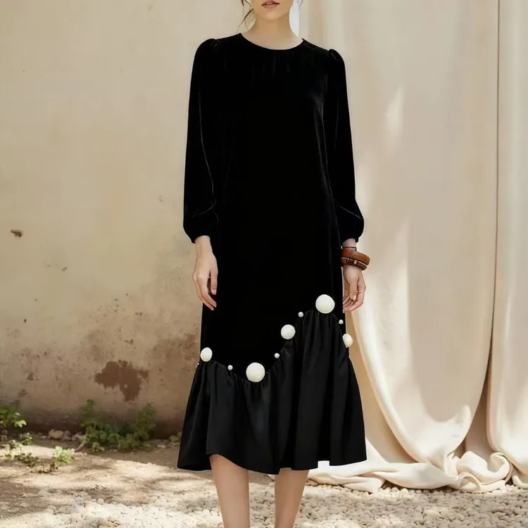 赫本长袖袖拼接丝绒中长款修身气质连衣裙大尺码YD20