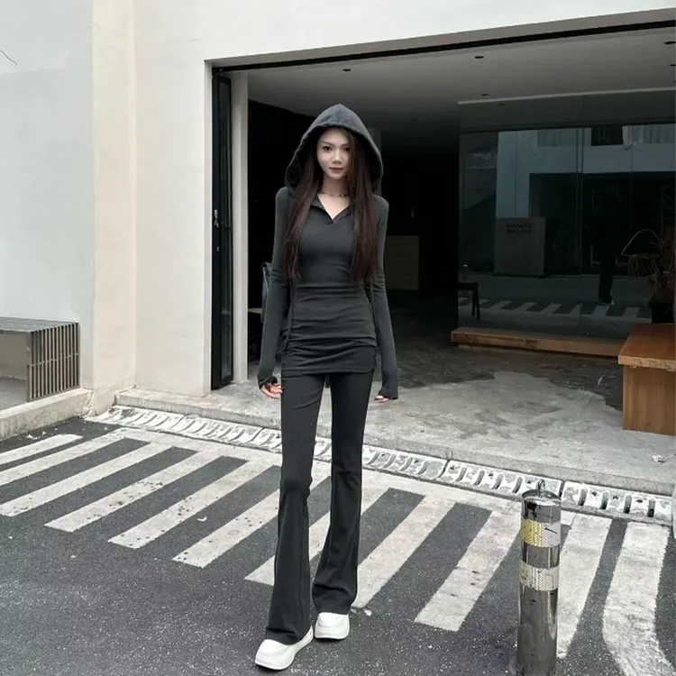 美式深灰色修身连帽卫衣套装女装春季高腰微喇裤休闲裤辣妹两件套