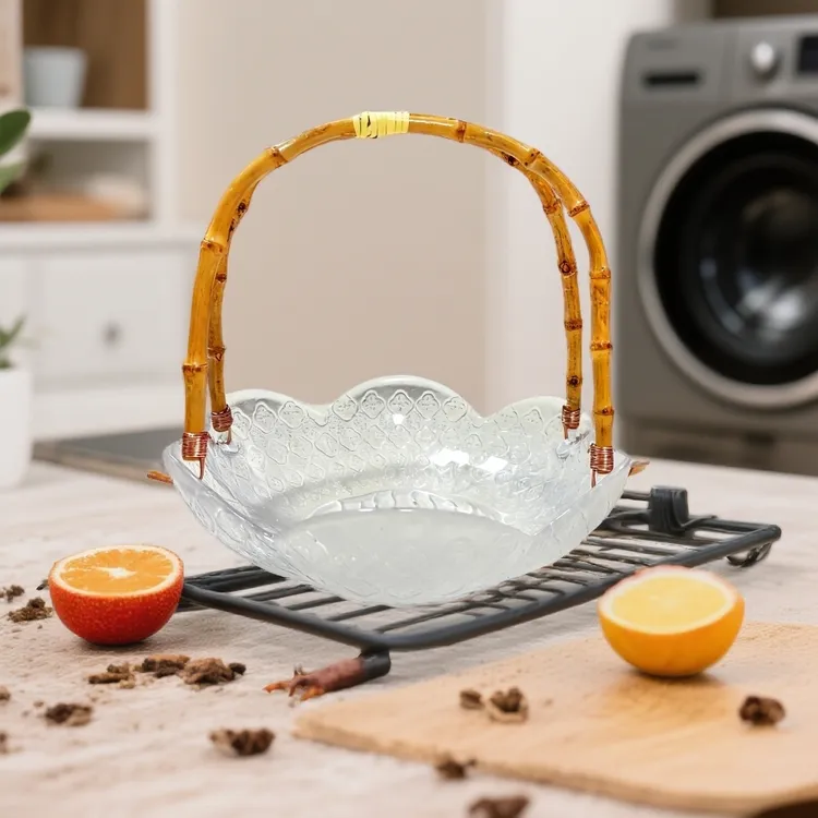 竹节手提果篮玻璃水果盘客厅家用水果盘轻奢风高档茶几双耳果盘