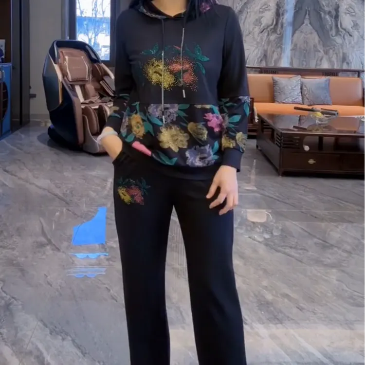 春秋新款洋气显瘦连帽套装气质拼接百搭休闲上衣+裤子