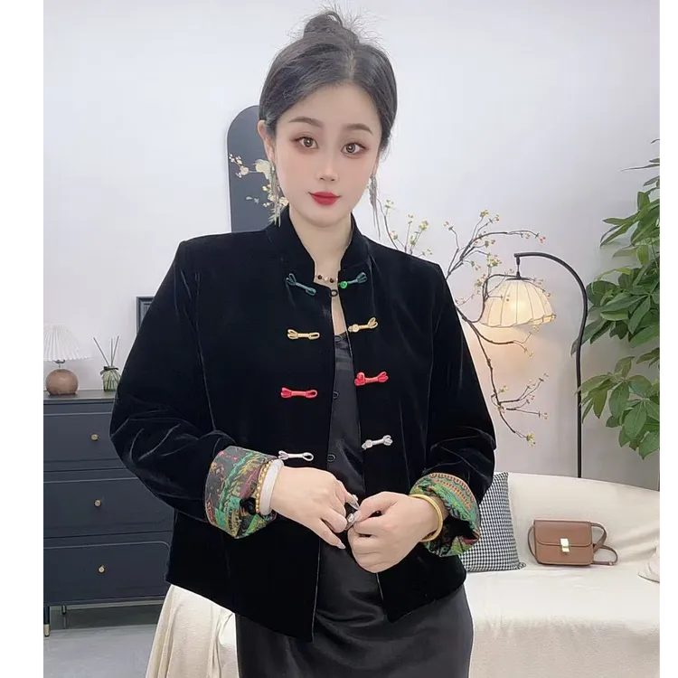 双面双穿丝绒拼接提花段外套2617