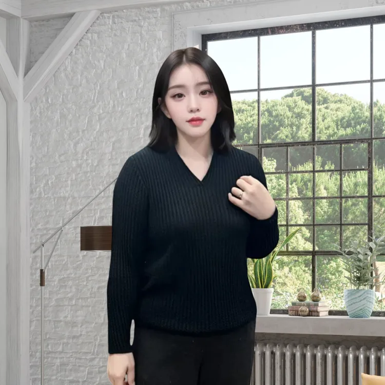 韩衣奇迹时尚显瘦百搭鸡心领秋冬长袖针织衫休闲洋气网红黑色上衣