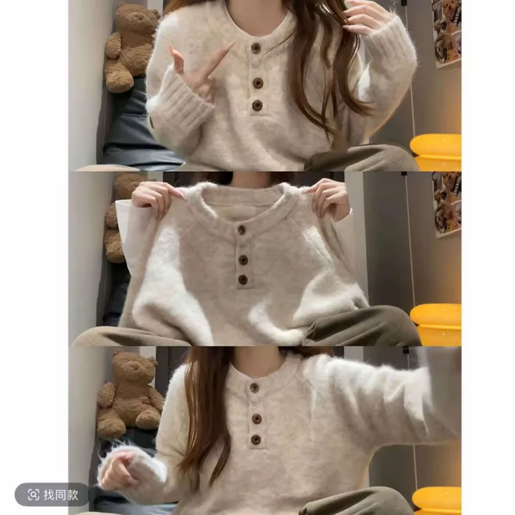 韩系软糯圆领毛衣女秋冬温柔风慵懒高级感内搭外穿针织衫打底上衣