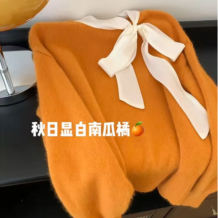 氛围感穿搭南瓜橘色毛衣女秋冬款蝴蝶结高级感慵懒软糯百搭上衣潮