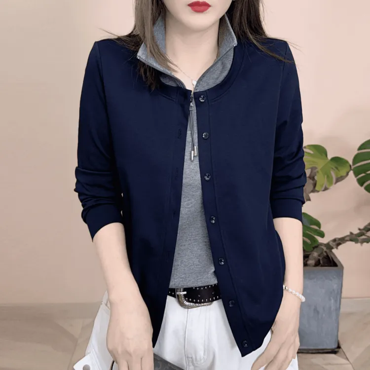 时尚假两件立领长袖半拉链卫衣女2025春秋新款宽松百搭妈妈装上衣
