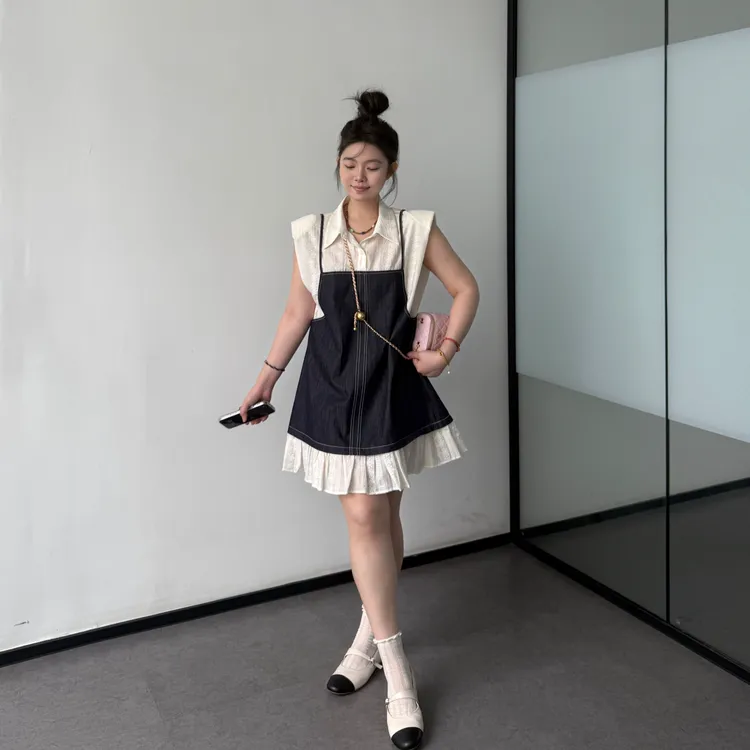 晶咕软软【夏日焦点】日系学院风设计感小众假两件无袖衬衫