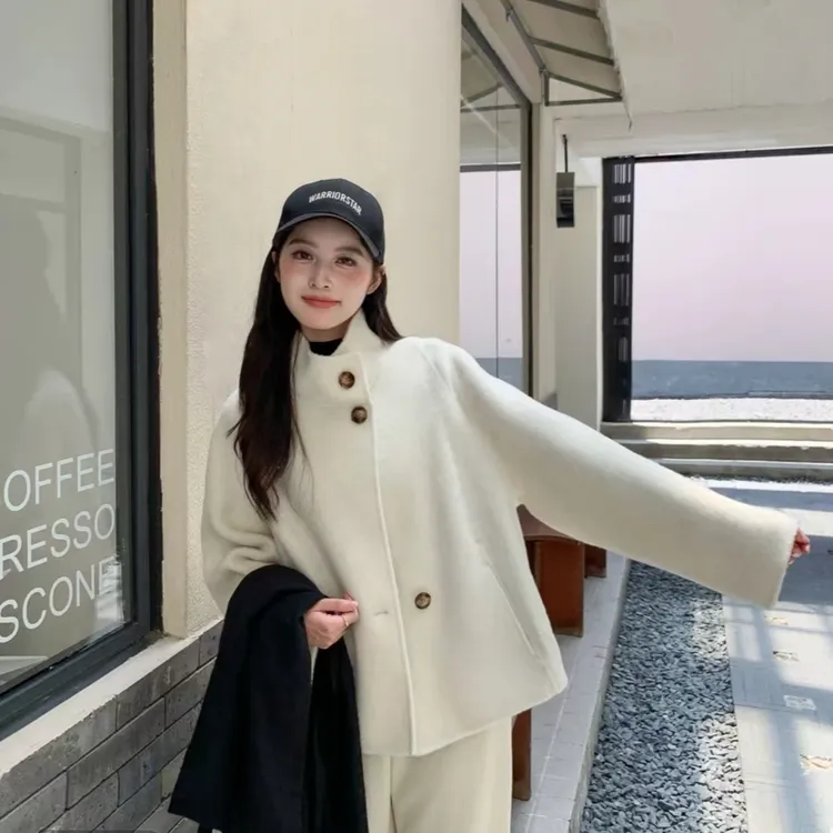 100%绵羊毛春款双面外套立领短款宽松羊毛外套百搭高端时尚新