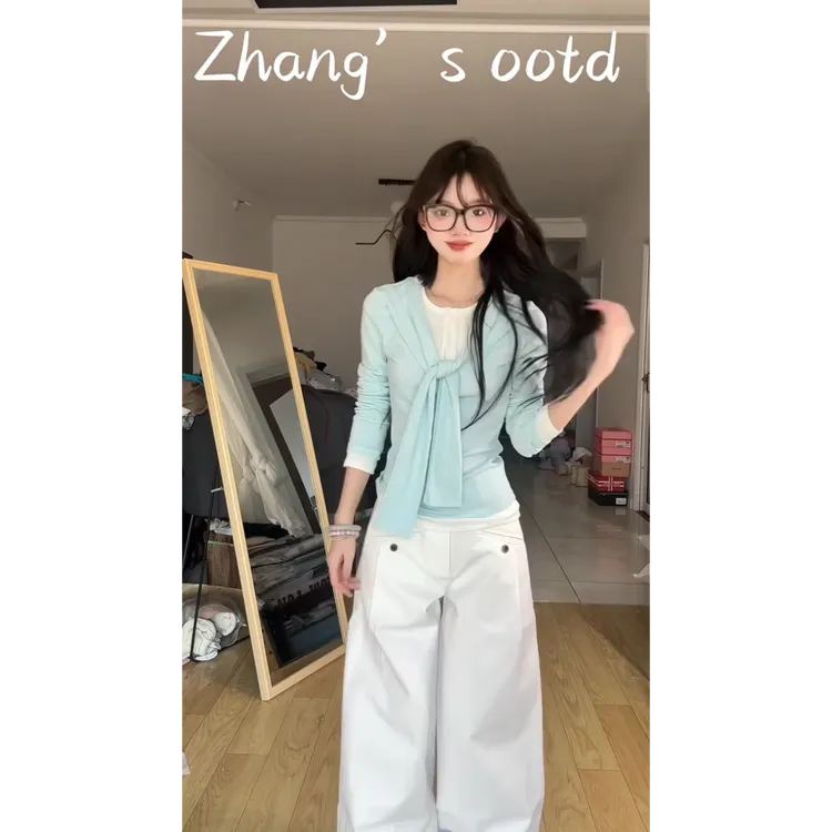 INS CEC秋季新款浅蓝色修身显瘦假两件长袖内搭打底衫白色休闲裤