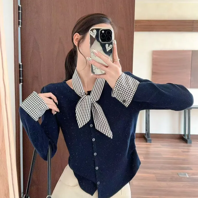 【配丝巾】针织秋季格子拼接女长袖毛针织衫上衣衬衫短款格纹2-777