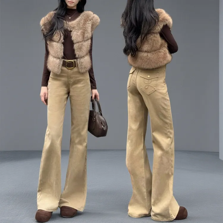 卡其色微喇牛仔裤女九分秋冬季不贴腿小个子高腰显瘦喇叭拖地裤