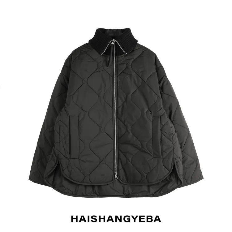 【海上叶爸】新款2025秋冬百搭羊毛螺纹领厚款宽松长袖葫芦格棉服