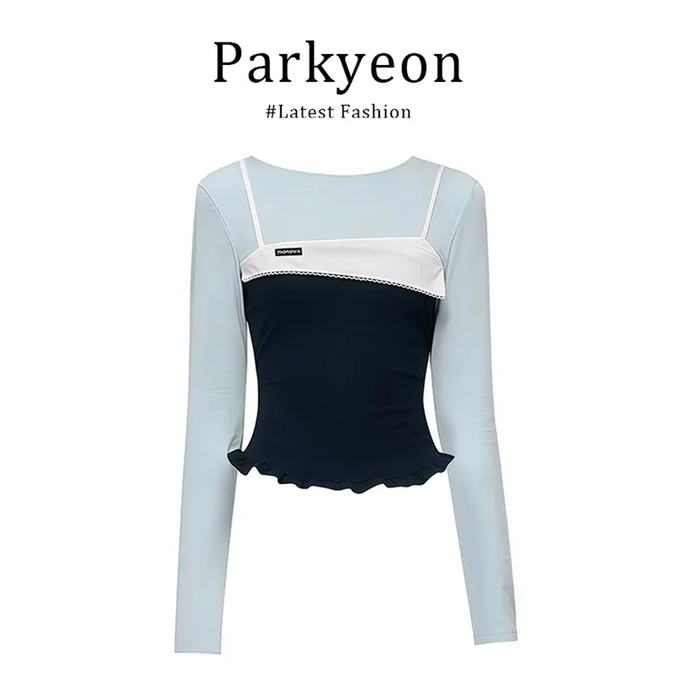 parkyeon时尚设计感假两件小众上衣女早秋防晒薄拼接长袖T恤女装