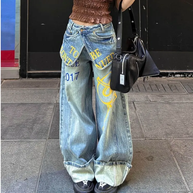 美式辣妹设计感搭片拼接裙裤女复古撞色字母印花阔腿拖地牛仔长裤