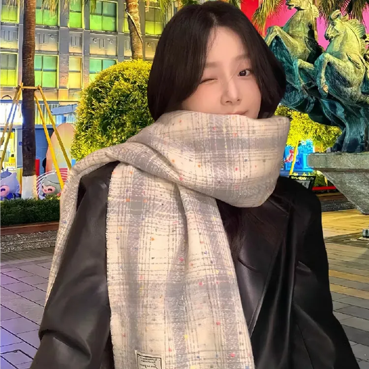 彩色糖豆冬季双面格子围巾女高级感百搭保暖韩版时尚风潮百搭围巾