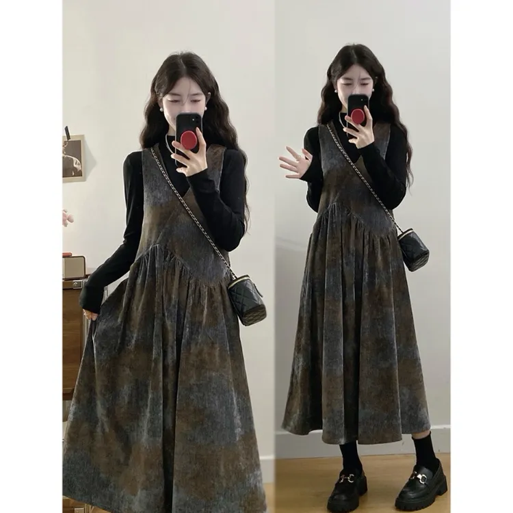 大码秋冬新款半高领打底上衣复古晕染雪尼尔连衣裙洋气显瘦长裙子
