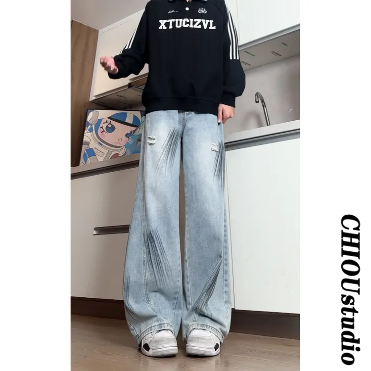 复古美式水洗加绒裂痕牛仔阔腿潮牌泼墨假破洞直筒高街裤子宽松