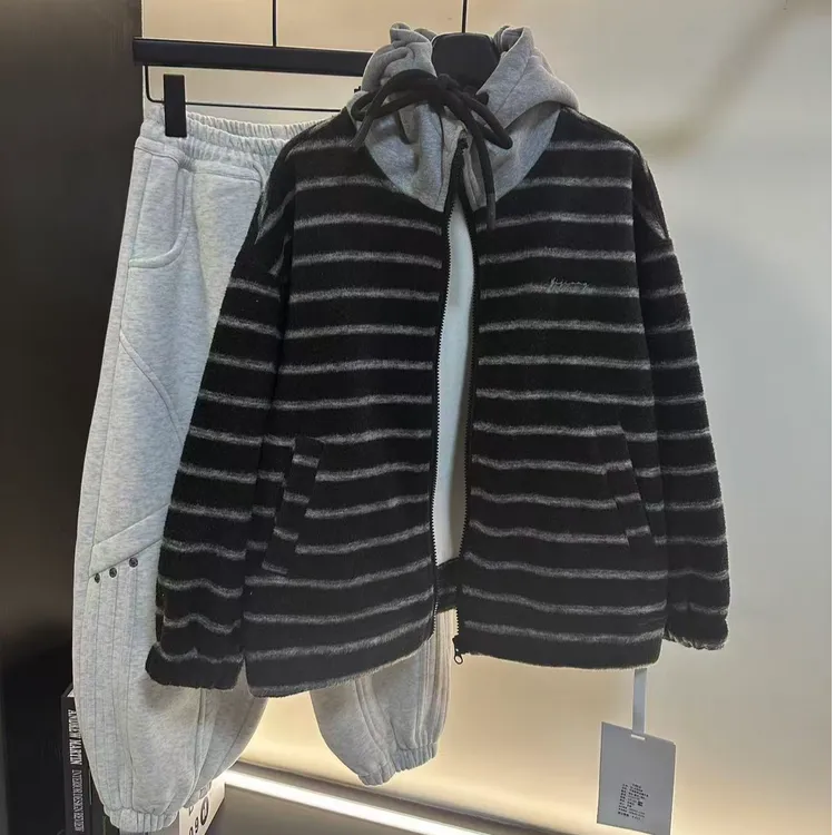 {加绒}儿童拉链条纹秋冬连帽宽松韩版卫衣男女童中长款