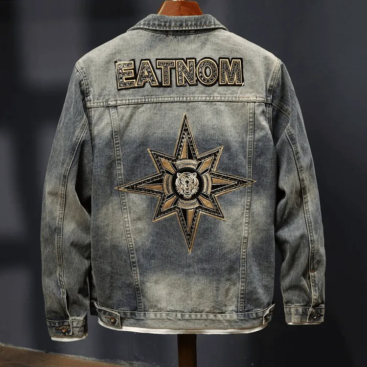 新款欧美风潮牌高奢机车风刺绣时尚男士牛仔夹克潮流帅气牛仔外套