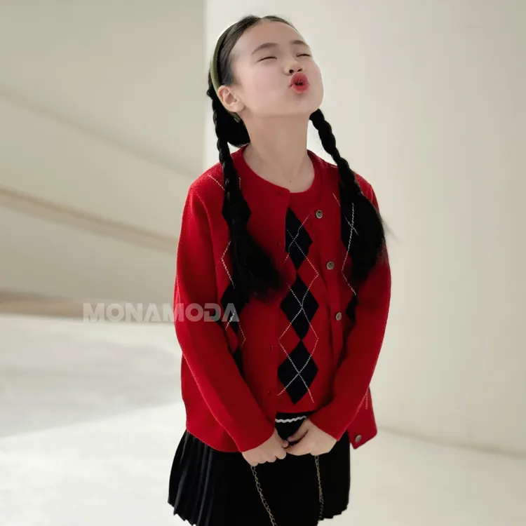 【100绵羊毛】菱格套装 开衫马甲全羊毛女童加厚新款新年装亲子红色