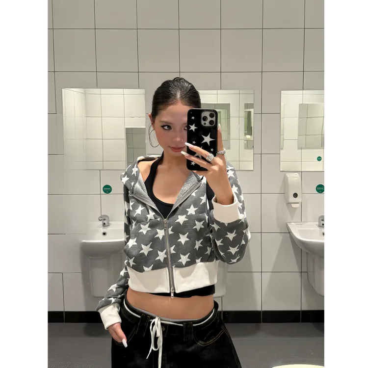 美式复古星星连帽卫衣女短款辣妹百搭短款外套秋冬休闲上衣