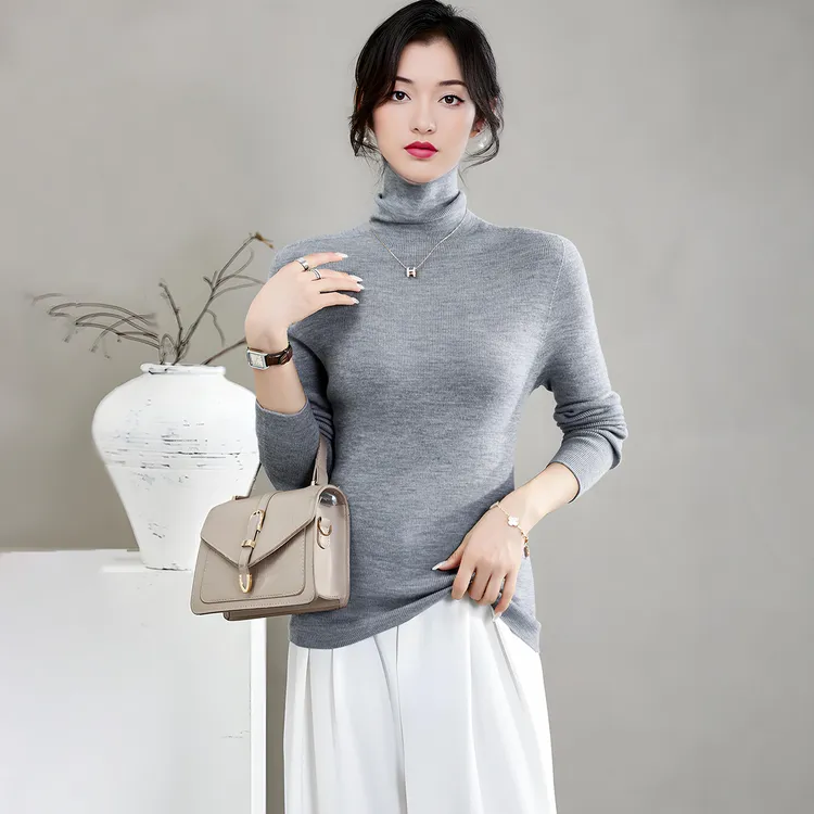 机洗羊毛衫女高领一体成型无缝长袖针织打底衫修身显瘦100羊毛薄