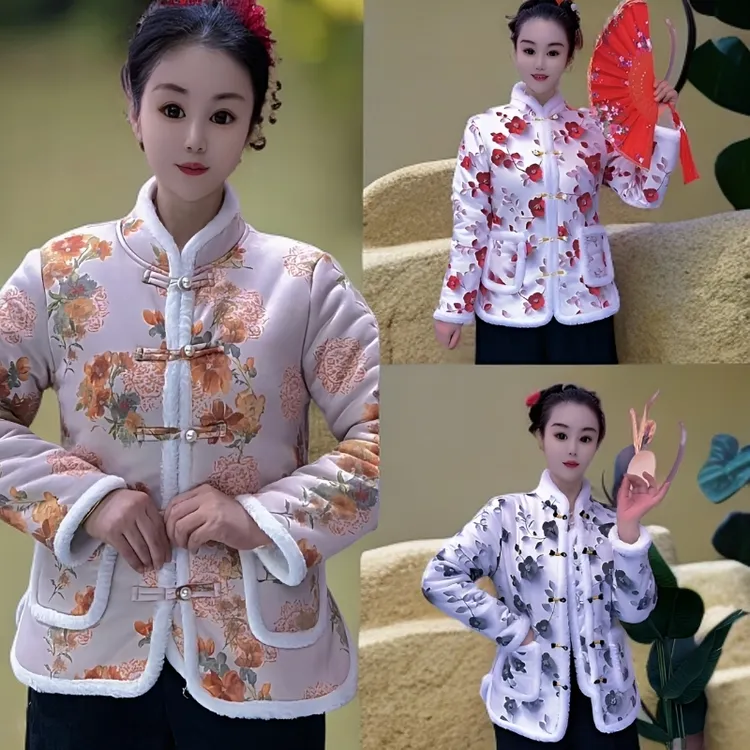 冬季加厚短款保暖女外套中式女款中国风立领高端棉衣印花时尚复古