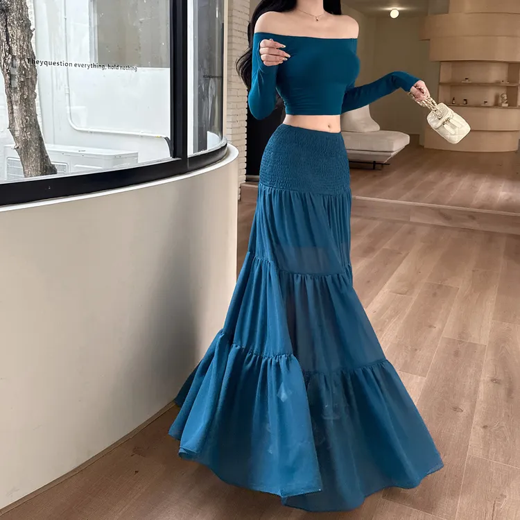 运补6-8 高级感一字肩纯欲性感两件套蓝色高腰半身裙长裙辣妹套装