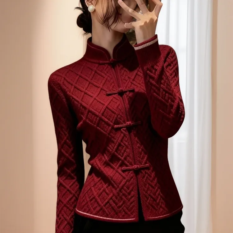 外套爆款圣诞新年新加厚国风立领盘扣红色针织开衫女冬季加绒秋冬