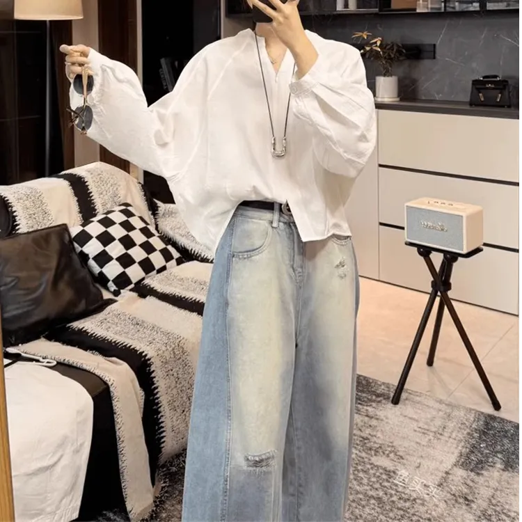 长袖衬衫女2025秋季新款欧韩货设计感小众插肩袖宽松百搭网红上衣