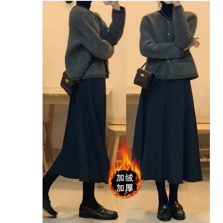 8221-【现货+运费险】秋冬新款加厚加绒高品质微胖大码显瘦垂感伞裙