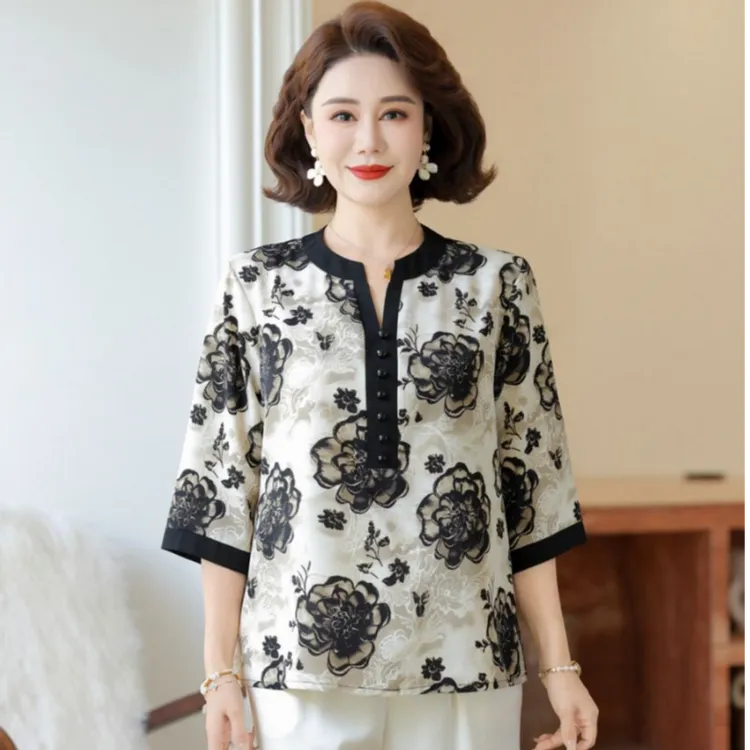母亲节妈妈夏装短袖t恤上衣中年女士雪纺洋气小衫中老年夏季套装