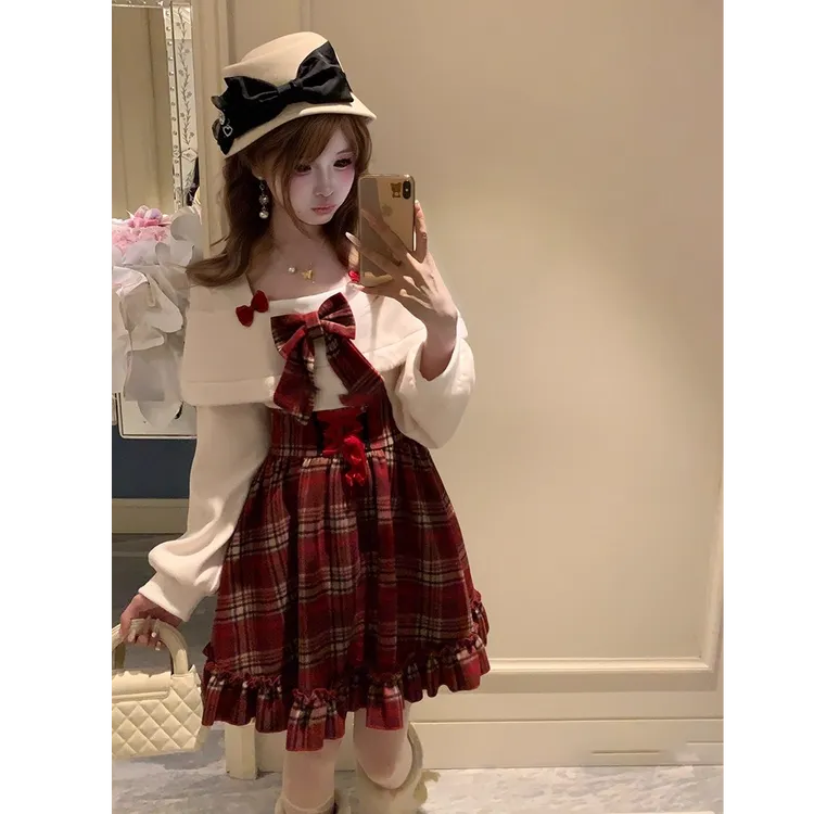 暖色圣诞 氛围感可爱甜美方领一字肩上衣+红格子短裙两件套装女