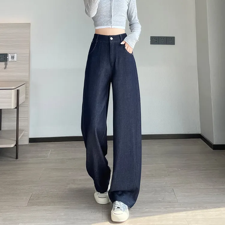 藏蓝色弯刀阔腿牛仔裤女春秋2025新款高腰宽松垂感显瘦直筒香蕉裤