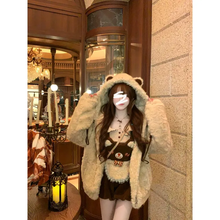 萌熊出没 冬季甜美可爱萌系小熊设计外套时尚套装背带裤加厚