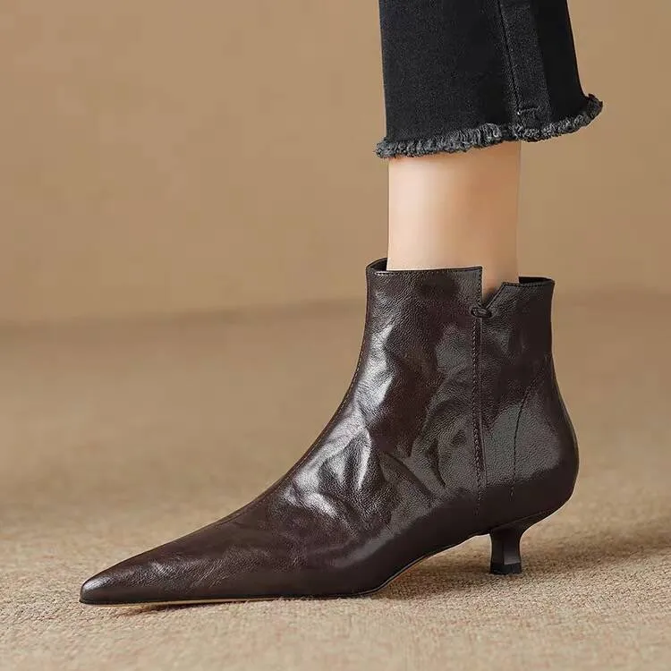 法式气质羊皮真皮靴子女2025冬季新款3公分尖头细跟黑色百搭短靴