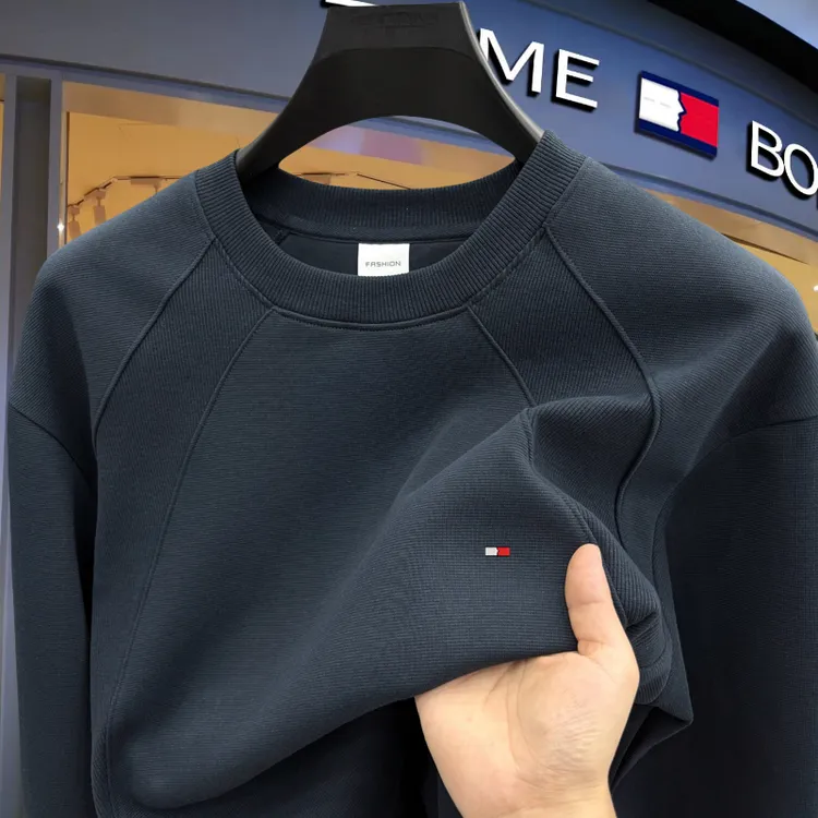 汤米希凯利美式长袖圆领卫衣男款秋冬季休闲百搭拼接刺绣打底衫男